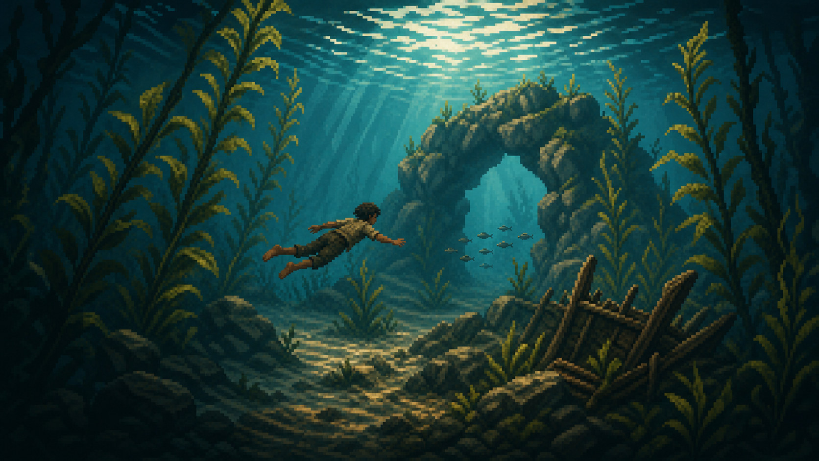 A castaway diving through a kelp forest