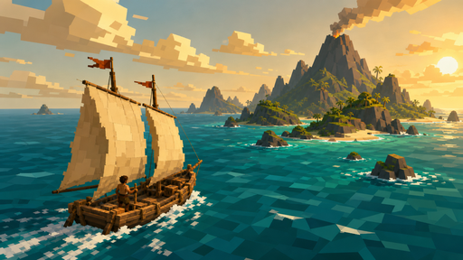 A castaway sailing toward a volcanic tropical island
