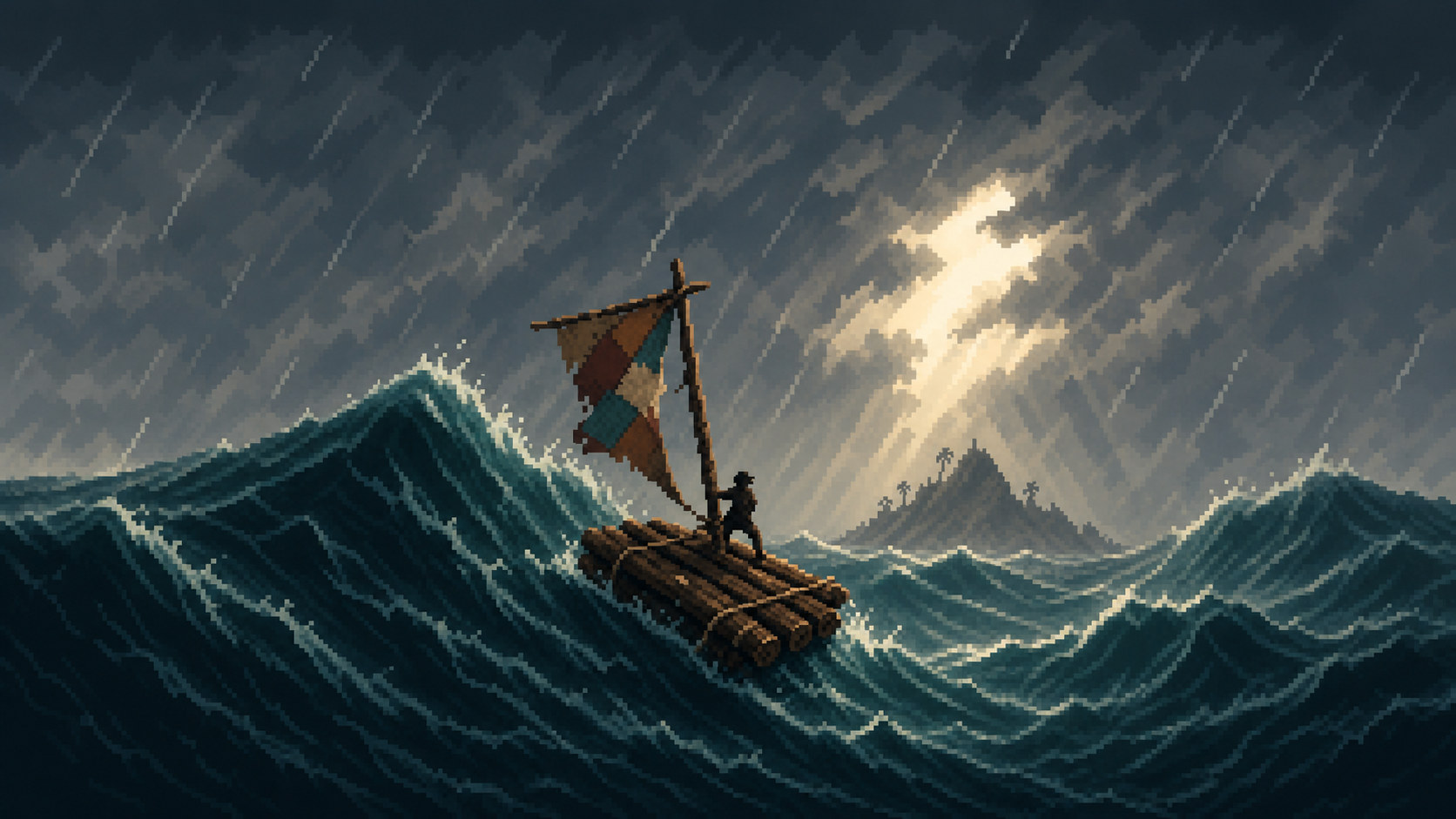A castaway sailing a raft through a storm